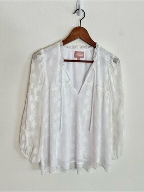 Show Me Your MuMu White Floral Blouse with Sheer Sleeves